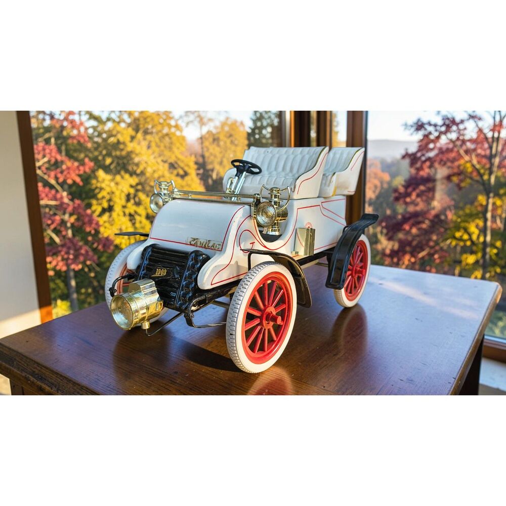 Vintage 1903 Cadillac Car Decanter White Ceramic Red Wheels Gold Lamps Barware